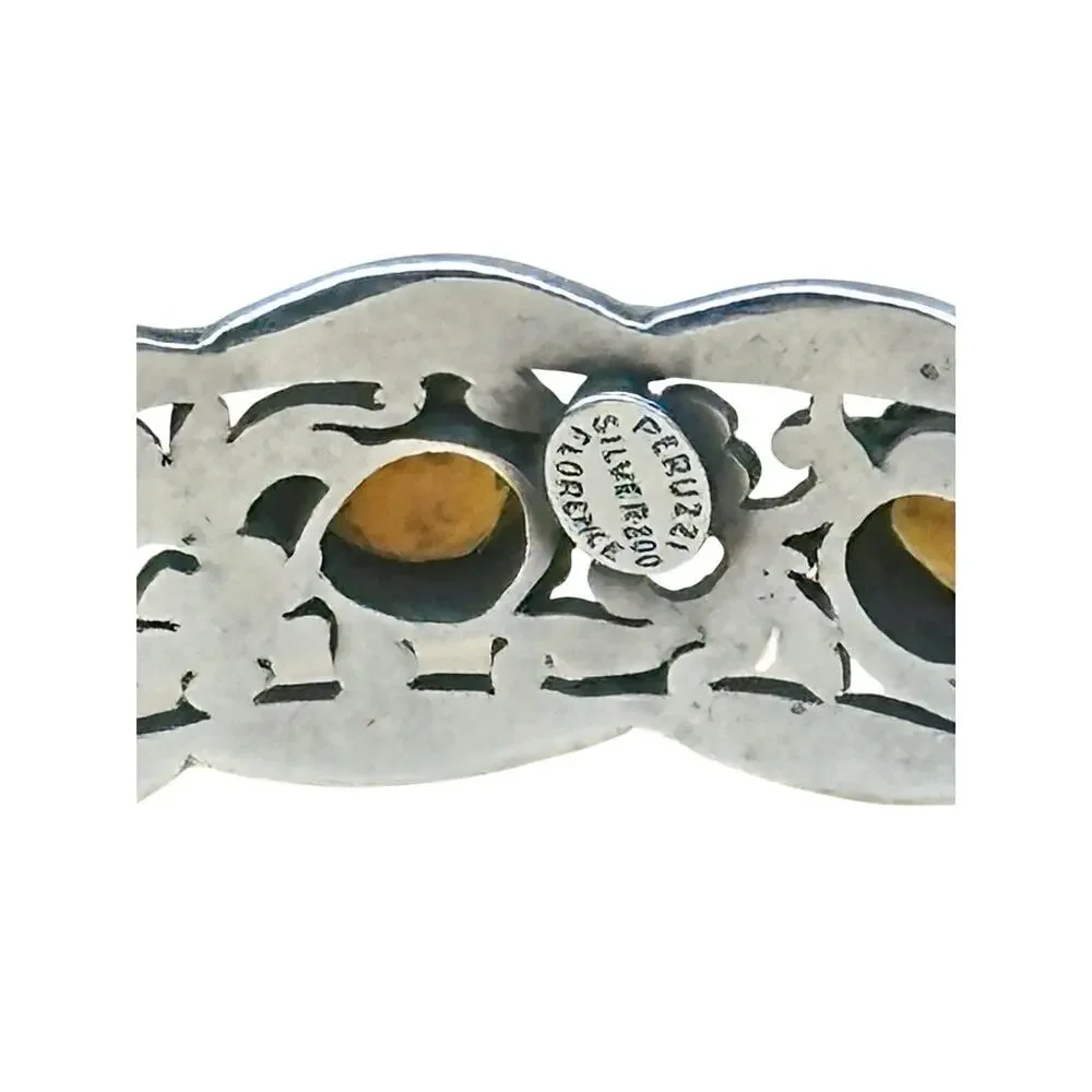 Peruzzi Florence 800 Silver Citrine Ornate Floral Motif Bracelet Cuff Vtg Signed